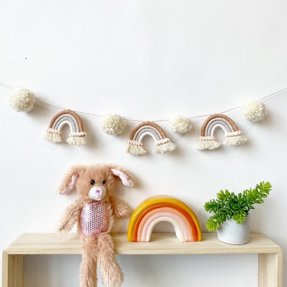 Macrame Rainbow Garland, Pom Pom Rainbow Garland, Yarn Macrame Mini Rainbows - Picture 1 of 5